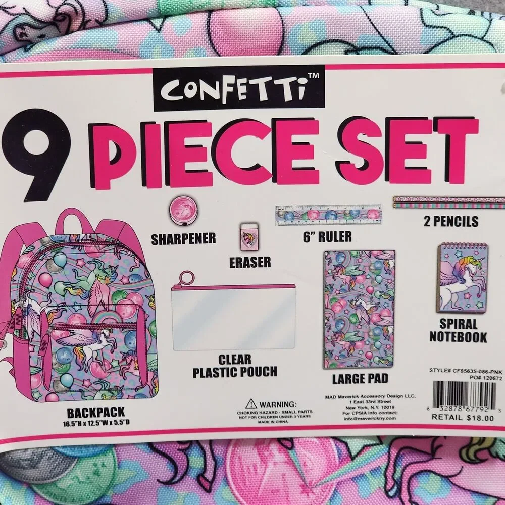 UNICORN 9 piece Set Backpack With Clear Pouch School Accessories Confetti NWT